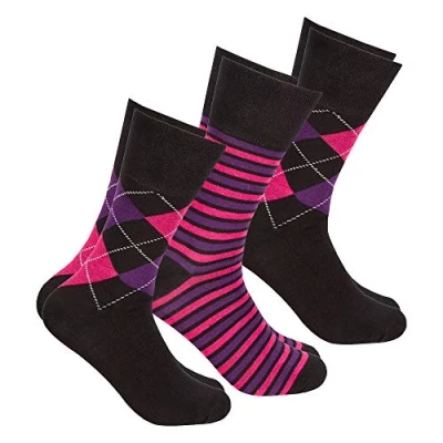 Image of Metzuyan Ladies Diabetic Socks Non Elastic Loose Top Cotton Rich Black Argyle 4 8