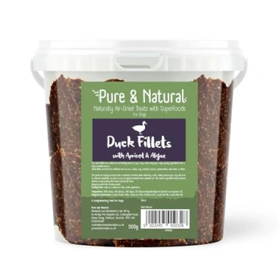 Image of Pure &amp; Natural Superfoods Air Dried Duck Fillets Treats with Apricot Algae Pet Chews and Anxious Dog Products Tub 500g