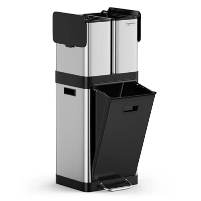 Image of VonHaus Triple Recycling Bin 32L for Kitchen Stainless Steel with Three Compartments Two 6L Removeable Inner Bins 3 Compartment