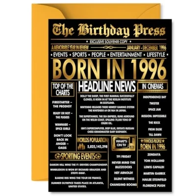 Image of Gold 29th Birthday Card for Men Women Black &amp; Golden Newspaper Born in 1996 Happy 29 Cards Auntie Husband Friend Sister Neighbour Brother, 5x7 Inch Bday Greeting