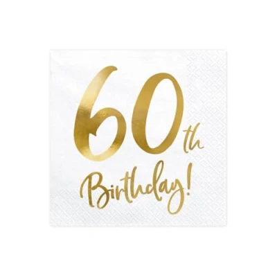 Image of PartyDeco 60th Birthday White Paper Napkins 60th. Decorations for Round Decorative Handkerchiefs Printed Table