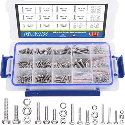 Image of Glarks 665Pcs M3 M4 M5 M6 Stainless Steel Flat Hex Head Screws Bolts Nuts and Gasket Spring Washers Assortment Set