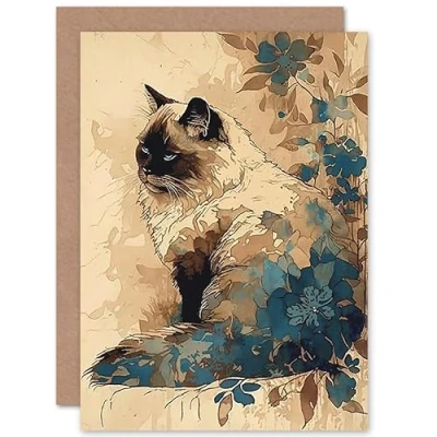 Image of Artery8 Ragdol Cat with Floral Patterns Watercolour Illustration Art Birthday Sealed Greeting Card Plus Envelope Blank inside