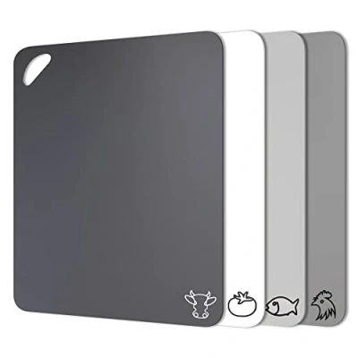 Image of Fotouzy Plastic Cutting Board Flexible Mats with Food Icons, Set of 4, BPA Free, Non Porous, Upgrade 100% Anti Skid Back and Dishwasher Safe, Modern Neutral Colors