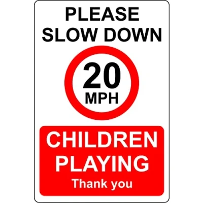 Image of Please slow down 20 mph speed limit children playing Road Safety sign 1mm Plastic (600mm x 400mm)