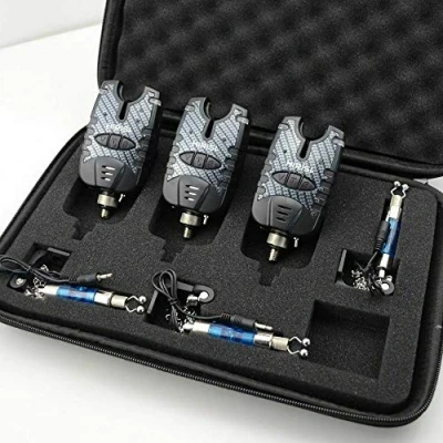 Image of TMC 3 x Carp Fishing Bite Alarm and illuminated Swinger Set. Blue LED, Water Resistant