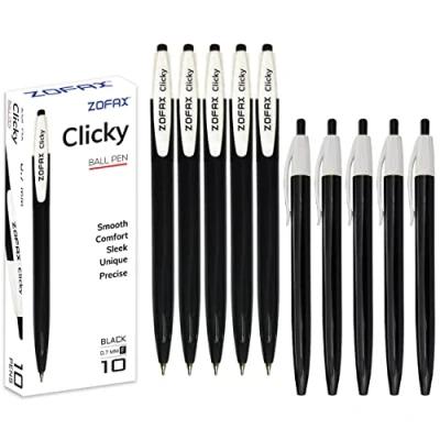 Image of ZOFAX Clicky 10 x 0.7mm BLACK Retractable Fine Ballpoint Pens Comfort Grip Smooth Writing Business Hospital School Office Ideal
