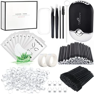 Image of Eyelash Extension Supplies Lash Kit USB Air Conditioning Blower,Silicone Pad,Under Eye Gel Pads,Mini Makeup Mirror,Tapes,Tweezers,Glue Rings,Eyelash Brushes,Micro Brush Applicators