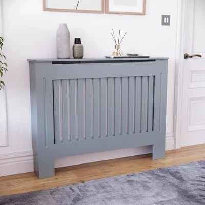 Image of Vida Designs Chelsea Medium Dark Grey Radiator Cover Modern Slatted Heating Cabinet, Easy DIY Fit, Ideal for Living Room, Hallway or Bathroom