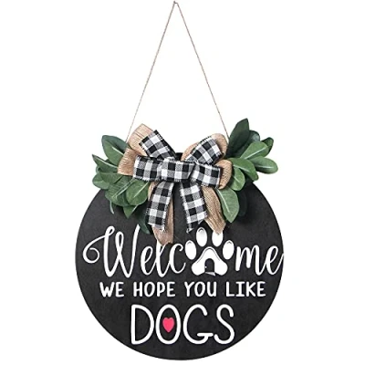 Image of Alnicov 11.8 Inch Welcome Sign,Welcome We Hope You Like Dogs Wooden Wreath Sign Door Hanger for Front Porch Decor Housewarming Gifts