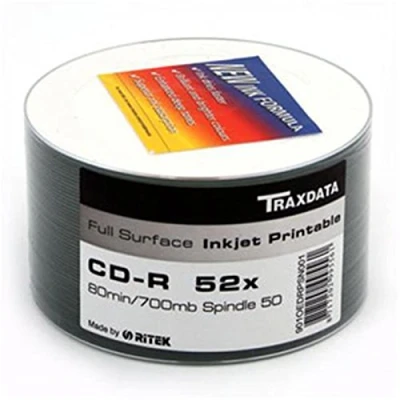 Image of Ritek 901OEDRPSN001 50 x Traxdata Full Face Inkjet Printable White CD R 52x Blank Discs 700MB CDR