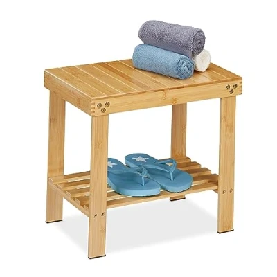 Image of Relaxdays Bamboo Bench, Seat with Extra Storage Space, HxWxD: 45.5 x 48 25 cm, Hallway &amp; Bathroom, Natural