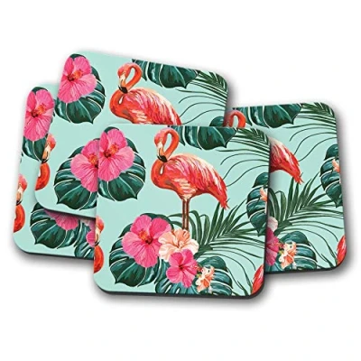 Image of 4 Set Pink Tropical Flamingo Coaster Flowers Lotus Palm Trees Fun #8620