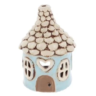 Image of Shudehill Giftware Village Pottery Round Heart House Tealight Holder Blue, Pink &amp; Grey (Blue)