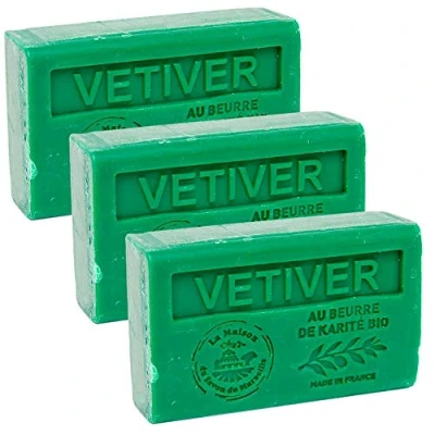 Image of Maison du Savon de Marseille French Soap made with Organic Shea Butter Moisturising for Soft Skin Vetiver Fragrance 125 Gram Bars Set of 3