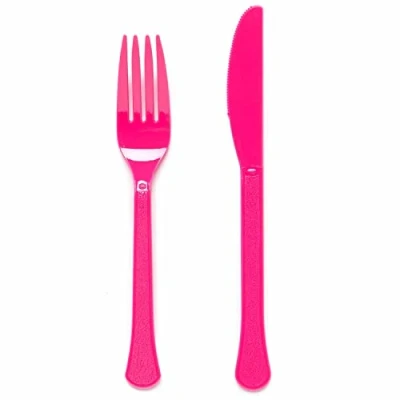 Image of Amscan 9915411 202 Bright Pink Eco Friendly Re usable Dishwasher Safe Mixed Cutlery 24 Pack