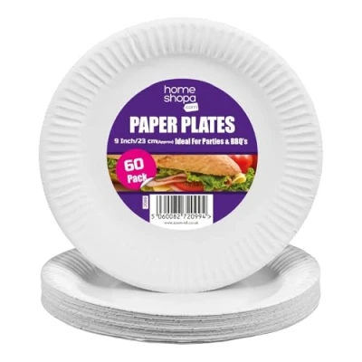 Image of HOMESHOPA Paper Plates, 60 Pack White Disposable Party 9inch/23cm Round Dinner Strong Durable for Hot Cold Use, Ideal Kid&#039;s Parties Buffets Picnics BBQ Weddings Camping Outdoor