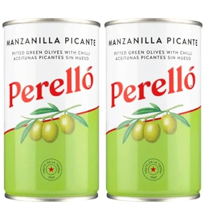 Image of Perello Manzanilla Pitted Olives 150g Pack of 2 Spanish Green Gourmet Snack Ready to Eat Ideal for Mediterranean Cuisine
