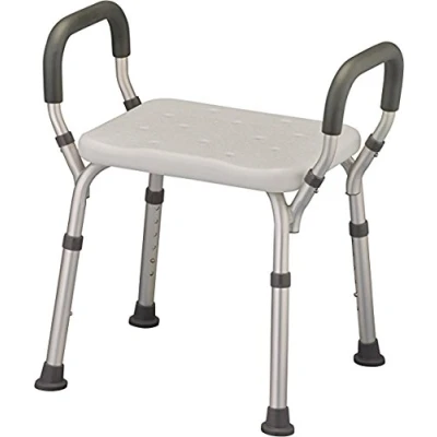 Image of Bath Seat Shower Bench with Arms, Adjustable Chair Arms Padded Handles, without Back, Medical Stool Safety for Elderly, Adults, Disabled, 300 Lbs, White