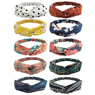 Image of DRESHOW 10 Pack Boho Headbands for Women Vintage Flower Printed Criss Cross Knotted Elastic Hair Band Stretchy Head Wrap Twisted Cute Accessories
