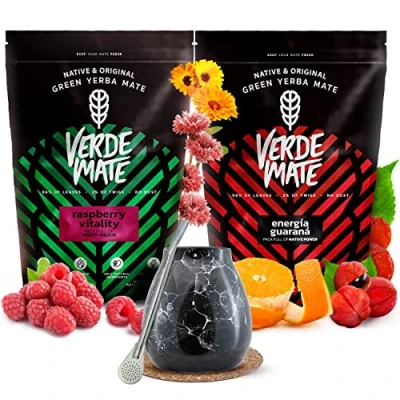 Image of Stimulating Yerba mate set with calabash guarana and fruits Verde Green Energia Guarana, Raspberry Vitality tea Natural caffeine 2x500g