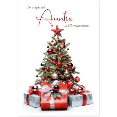 Image of doodlecards Auntie Christmas Card Parcels and Tree Medium Size with Plain Envelope