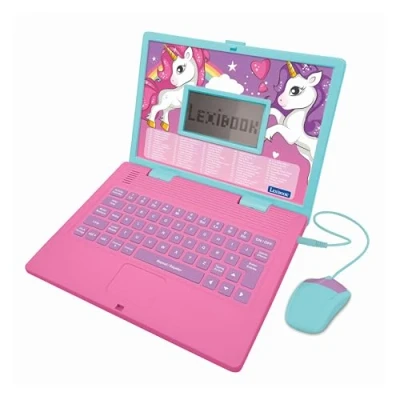 Image of LEXIBOOK JC598UNIi1 Unicorn Educational and Bilingual Laptop French/English Toy for Children with 124 Activities to Learn Mathematics, Dactylography, Logic, Clock Reading, Play Games Music, Pink