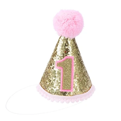 Image of TOYMYTOY Glitter Sparkle Princess 1st Birthday Cone Hat with Adjustable Headband for Baby Girl Party Supplies (Pink)