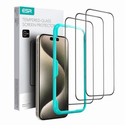 Image of ESR 3 Pack for iPhone 15 Pro Max Screen Protector, Tempered Glass 2.5D Curved Edges, Full Coverage Military Grade Protection, Scratch Resistant