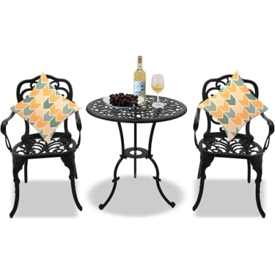 Image of Homeology BANGUI Garden &amp; Patio Table 2 Large Chairs with Armrests Cast Aluminium Bistro Set Black