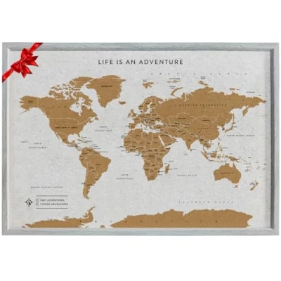 Image of Splosh Travel Map XL Desk World Pin Board in Grey, Wooden Frame. Cork with 100 Pins 2 Colours to Mark Your Past and Future Adventures Framed Maps for Desks.