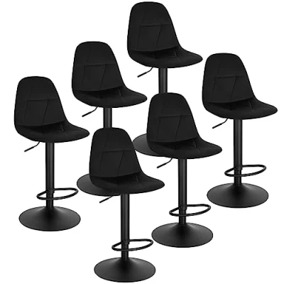 Image of Lestarain Bar Stools Set of 6 Adjustable &amp; Swivel Breakfast Kitchen Counter Pub Black Soft Velvet Barstools Chairs Dining with Backs Footrest