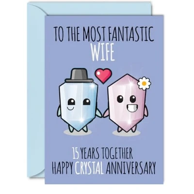 Image of Cute Crystal Anniversary Card for Wife 15 Years Together Happy 15th Wedding Cards from Husband, A5 Greeting Fifteenth Anniversaries