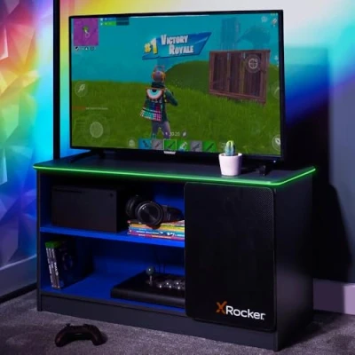 Image of X Rocker Carbon Tek Black LED TV Unit 4 Shelf Modern Gloss Matte MDF Living Room Cabinet Media Stand Furniture with Customisable Lighting for Ambient Lighting, 42&quot; Supported GREY/BLUE