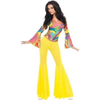 Image of Smiffys 70s Groovy Babe Costume, Yellow with Top and Flared Trousers, 1970&#039;s Disco Fancy Dress, 1970s Dress Up Costumes