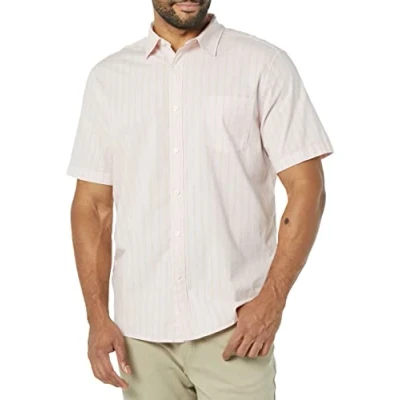 Image of Amazon Essentials Men&#039;s Short Sleeve Stretch Poplin Shirt (Available in Big &amp; Tall), Pink Stripes, XS