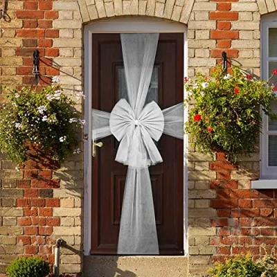 Image of Sparkles Partyware Christmas Door Bow Silver Organza with Diamante Ring Large Party Decoration