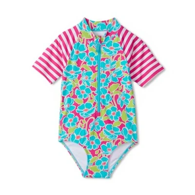 Image of Hatley Girls&#039; Swim Short Sleeve One Piece Rashguard Swimsuit, Floating Poppies, 8