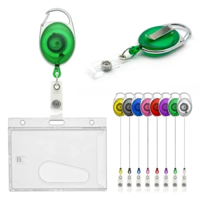 Image of CKB LTD Badge Holder Retractable Reel Set Combo Single Sided Enclosed Ejection Slot Horizontal ID Card for School, Office, Identity Belt Clip Attachment Holds 86x54mm (Green)