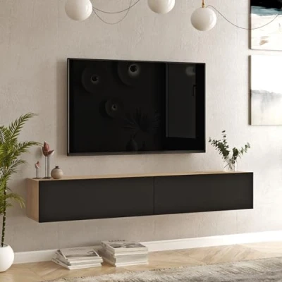 Image of [en.casa] TV Hanging Board Lapinlahti Lowboard Wall Cabinet Shelf Oak/Black
