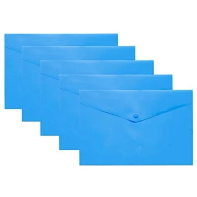 Image of eco A5 50% Recycled Transparent Press Stud Popper Wallet, Plastic Folders (Pack of 5), Blue, eco075BLUE