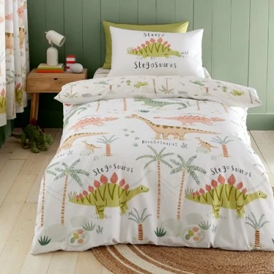 Image of Catherine Lansfield Sleepy Dino Reversible Single Duvet Cover Set with Pillowcase, Green