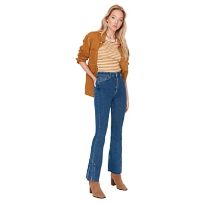 Image of Trendyol Women Care High Waist Straight Leg Flare Jeans Dark Blue