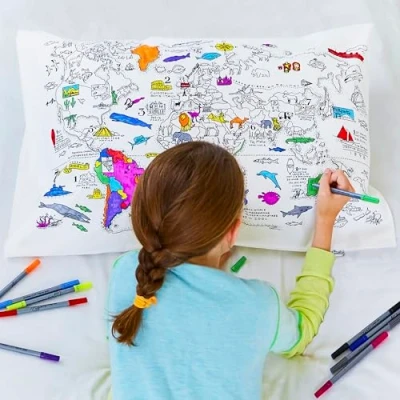 Image of eatsleepdoodle Colouring Pillowcase For Kids w/ 10pk Washable Markers 75x50cm World Map Ultra &amp; Reusable Arts and Crafts