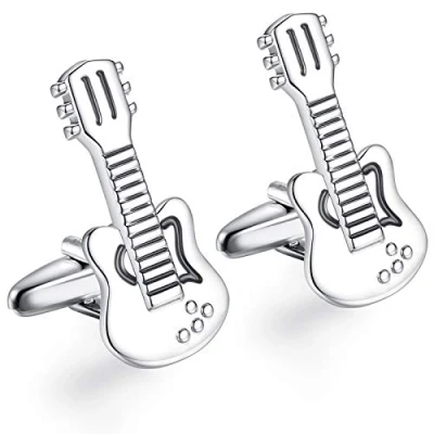Image of HONEY BEAR Electric Guitar Cufflinks for Mens Silver Stainless Steel Shirt, Wedding Gift (2)