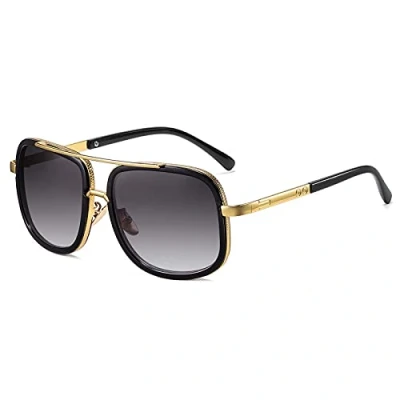 Image of SHEEN KELLY Retro OverSized Sunglasses Men Women Square Metal Frame Gold Grey lens UV400
