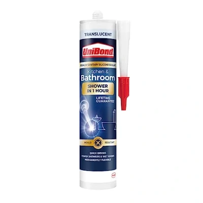 Image of UniBond Kitchen &amp; Bathroom Sealant, Mould Resistant, Translucent Quick Drying, Permanently Flexible Formula, 1 x 291g Cartridge