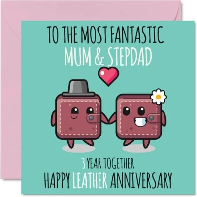 Image of Cute Leather Anniversary Card for Mum &amp; Step Dad 3 Years Together Happy 3rd Wedding Cards Mum, 145mm x Greeting Third Anniversaries
