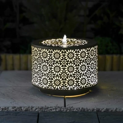 Image of Serenity Outdoor Metal Garden Water Feature with LED Light 30cm Tall Moroccan Inspired Self Contained in Gun Grey Easy Setup 3m Power Lead Included