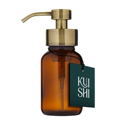 Image of Kuishi Amber Glass Foaming Liquid Soap Dispenser with Golden Pump, 250ml Recycled Bottle, UV Protective Container, BPA Free Pump